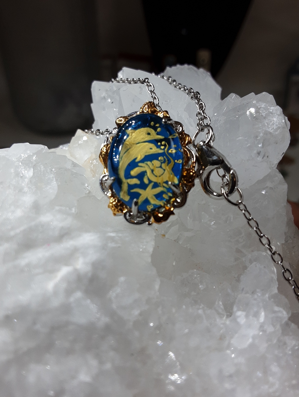 925 Hand Carved Blue Amber Intaglio Sea Life Pendant & Chain. FIRM.